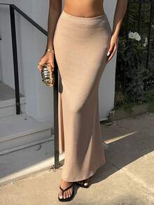 Sunnyshic 女士锈棕色和银色面料低腰超长修身性感优雅迷你裙，适合约会、派对等场合 - 鏽棕色 - 查看 4