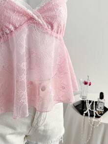 Elamini Women's Summer Vacation Contrast Lace Semi-Sheer Babydoll Cami Top - Pink - View 6