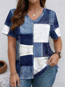 Patchwork Plaid Pattern V-Neck Short Sleeve Casual Plus Size T-Shirt, Spring & Summer - Multicolor - View 1