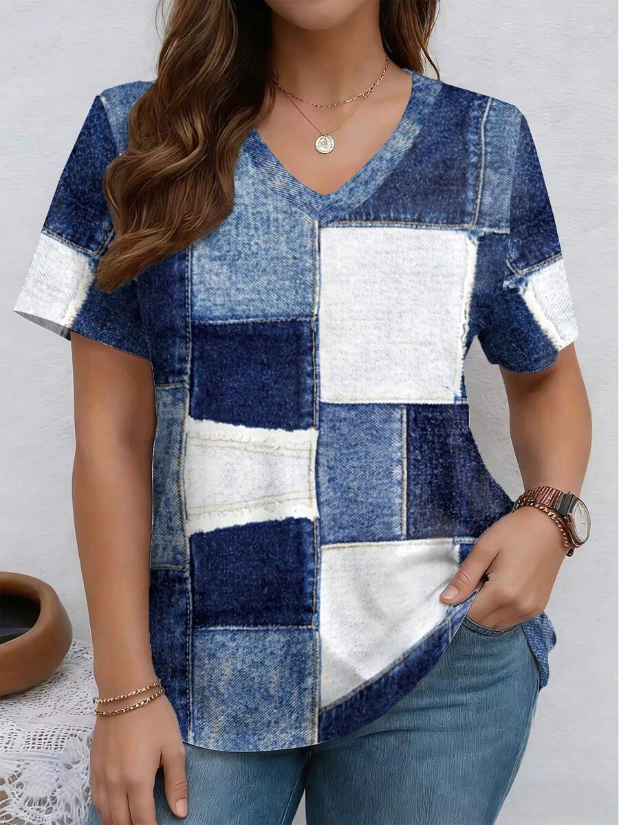 Patchwork Plaid Pattern V-Neck Short Sleeve Casual Plus Size T-Shirt, Spring & Summer - Multicolor - View 1