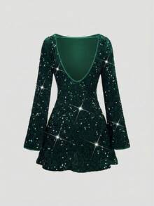 SHEIN Unity Vestido mini con lentejuelas y espalda descubierta, atuendos para el Día de San Valentín - Verde Oscuro - Ver 2