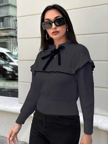 EURMUSE Women's Contrast Trim Lace-Up Long Sleeve Sweater - Black - View 4