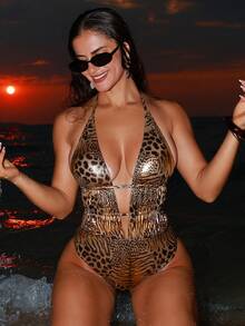 Swim SXY 春夏性感露背吊带动物纹金色箔片连体泳衣，适合海滩和游泳 - 彩色 - 查看 4