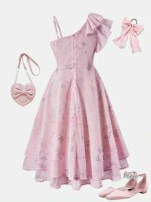 SHEIN 少女夏季碎花不对称肩连衣裙 - 粉色 - 查看 2