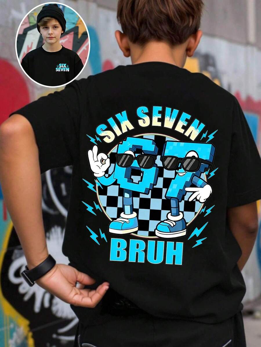 Tween Boy Black Summer Casual School Back-To-School Fashionable Creative Numeric 67 Lightning Plaid Letter Slogan Graphic Print Basic Short T-Shirt - Black - View 1