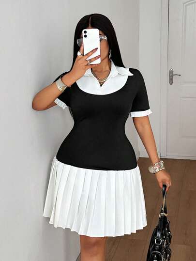Maweii Plus Size Women's Summer Black & White Contrast Color Block Shirt Collar Waist Ruffle Hem Short Sleeve Mini Dress