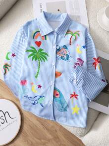 SHEIN Áo sơ mi dài tay cổ đứng in hình nhân vật hoạt hình và chữ cái dành cho bé gái, thích hợp cho đi chơi, đi học và đi làm. - Màu xanh lam - Xem 6