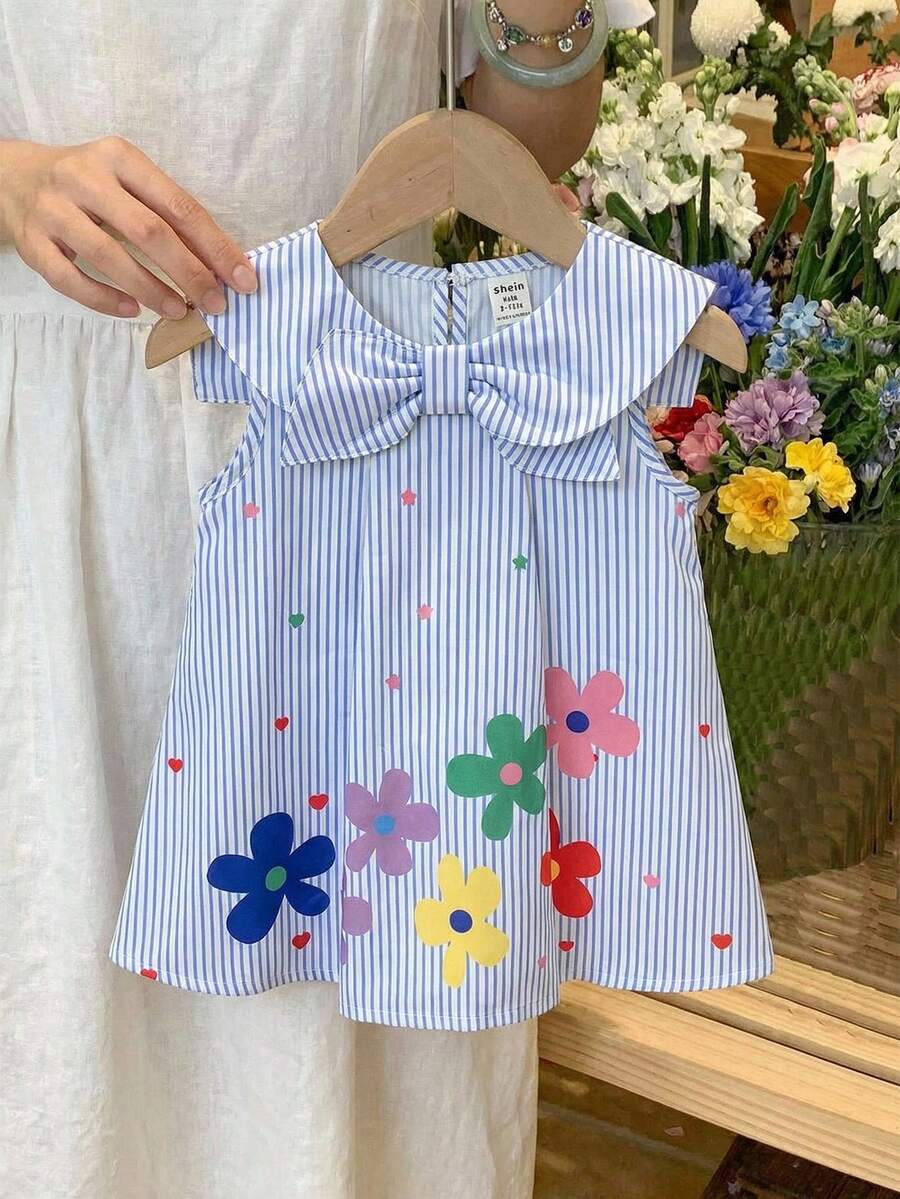 一件装女婴活力俏皮条纹印花无袖连衣裙,轻盈透气,饰有蝴蝶结,飘逸A字裙摆,适合日常外出和户外玩耍,春夏时尚套装 - 彩色 - 查看 1