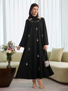 Al Najma 女士春夏黑色针织雪纺长袖泡泡珍珠优雅浪漫阿拉伯风格连衣裙 - 黑色 - 查看 4
