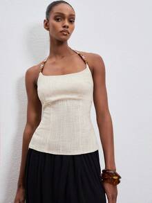 ATUI Studio Top de cuello halter con cuentas color albaricoque para mujer - Blanco - Ver 6