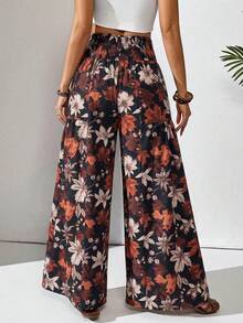 SHEIN Holidaya Women's Black Floral Boho Smocked High Waist Pants,Autumn Leaf Print Wide Leg Long Trousers,Casual Holiday & Vacation Fashionable Summer Pants - Black - View 2