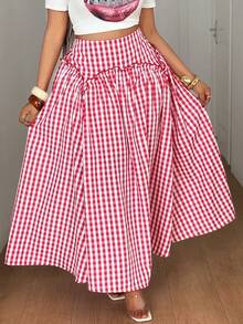 Maweii Plus Size Plaid Pleated Long Skirt, Summer Fall - Red and White - View 2