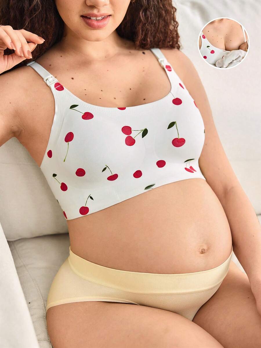 Moonlight&Mama 女士无钢圈可拆卸棉质罩杯哺乳文胸,无缝樱桃色拼接孕妇文胸 - 彩色 - 查看 1