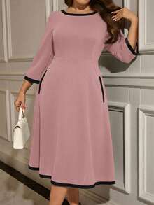 EMERY ROSE Robe ample à manches longues, col rond, style blocs de couleurs, pour femmes grandes tailles. Convient pour les sorties et les fêtes - Rose bonbon - Voir 4