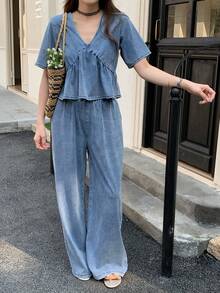 DAZY Women's Fashion Casual V-Neck Short Sleeve Denim Set - Blue - View 9