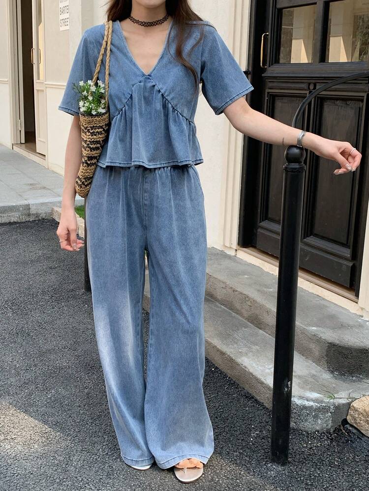 Women's Fashion Casual V-Neck Short Sleeve Denim Set Summer