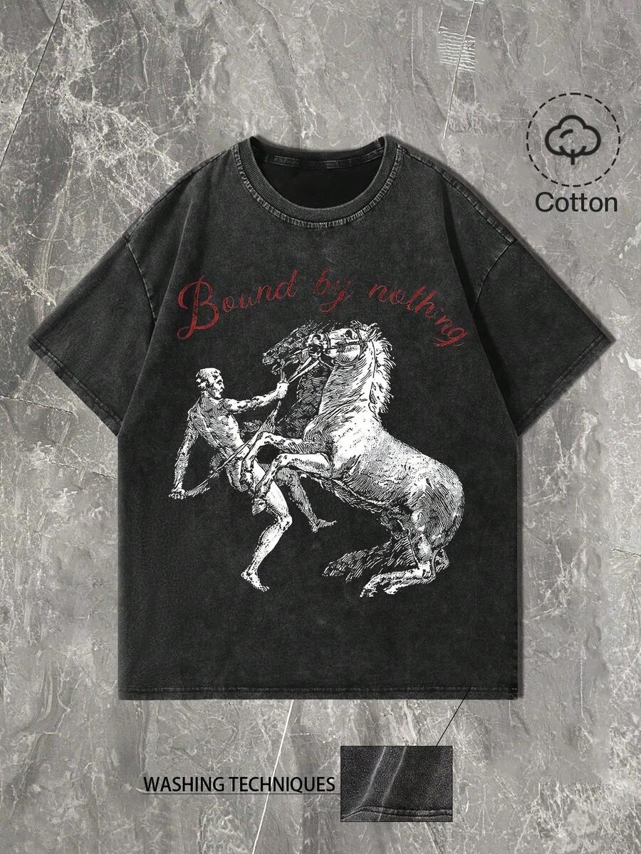 Manfinity EMRG 男士街头风极简设计纯棉短袖T恤，做旧水洗效果，休闲舒适，适合日常休闲穿着、娱乐休闲、时尚穿搭、街头风尚、节日礼物。 - 黑色 - 查看 1