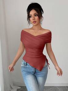 Rafferiza 女士休闲通勤露肩短袖T恤，夏季 - 酒紅色 - 查看 5