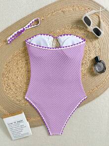Swim Chiccia Chicsea 女士泳衣，提花面料，镂空拼接抹胸设计，可拆卸肩带，时尚优雅性感，金属配件，撞色滚边，连体式 - 淡紫色 - 查看 5