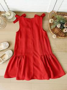 SHEIN DRMZ 女童纯色仿珍珠装饰打结肩部设计褶皱时尚派对度假连衣裙，适合家庭度假、日常穿着、居家聚会和特殊场合，也可作为姐妹装，是婚礼、派对、花童的华丽公主装扮，可爱、优雅、甜美、复古又时尚。儿童优雅服装姐妹装派对连衣裙酒红色女童无袖A字休闲连衣裙红色儿童连衣裙酒红色连衣裙 - 彩色 - 查看 7