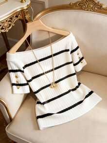 Franclia قميص تي شيرت أنيق ذو كتف مكشوف وأكمام قصيرة مصنوع من قماش مخطط أسود وأبيض مرن، مناسب للارتداء اليومي بشكل عادي وشامل - أبيض وأسود - مشاهدة 5