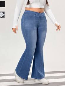Flexra Quần jeans ống loe cạp cao giặt thường ngày cỡ lớn - Rửa nhẹ - Xem 3