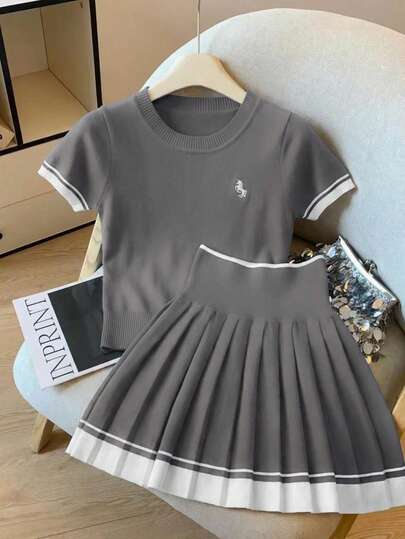 Everyssa Contrast Color Striped Fitted Equestrian Embroidered Short Sleeve Crop Top And High Waist Pleated Mini Skirt 2-Piece Set For Women Gray Skirt Set Two Piece Outfit Sporty Skirt Set Tennis Skirt Set Pleated Skirt Set