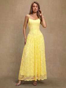 SHEIN BAE 黑色蕾丝无袖V领开衩褶皱连衣裙，适合鸡尾酒会、浪漫约会、秋冬叠穿、派对、正式聚会、夜店、万圣节、圣诞节等场合。 - 黃色 - 查看 4