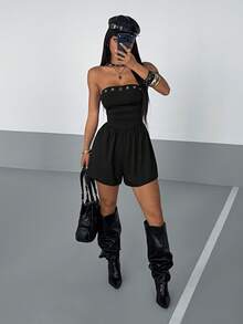 StreetHx Women's Casual Keyhole Ruched Jumpsuit In Black - Black - View 4