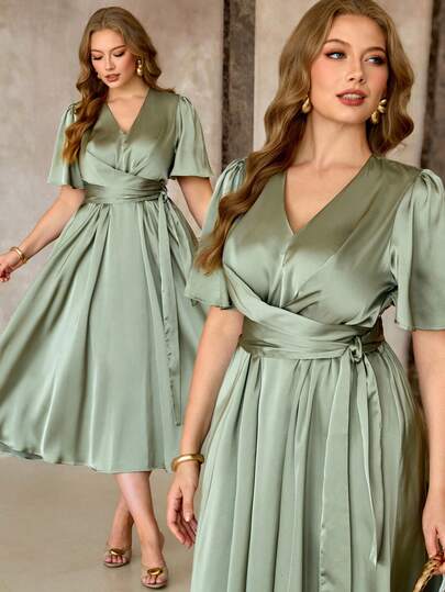 Roveilla Vestido midi de mujer talla grande de unicolor de satén con cuello en V, cintura ceñida, espalda con cruce y lazo elástico, mangas abullonadas. Elegante, estilo francés vintage, romántico y minimalista, adecuado para oficina, trayecto, negocios, casual, playa, diario, boda, fiesta