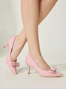 CUCCOO CHICEST 四季新款蝴蝶结尖头细跟中跟优雅通勤风简约舒适绿色漆皮女士高跟鞋，适合圣帕特里克节、圣诞节、约会、下午茶、职场时尚等场合。 - 淺粉色 - 查看 6