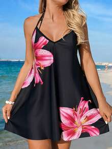 Swim Vcay 女士泳衣罩衫，豹纹条纹印花，挂脖系带露背设计，休闲沙滩度假泳装 - 彩色 - 查看 4