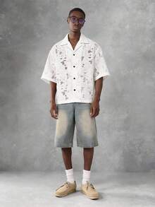 SUMWON Burnout Organza Crop Button Down Short Sleeve Collared Shirt With Textured Fabric Detail - Apricot - View 3