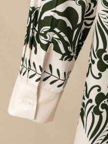 Lacomfia Conjunto de 2 piezas de camisa con estampado floral y pantalones de pierna ancha sueltos y cómodos de talla grande para mujer - Verde Oliva - Ver 3