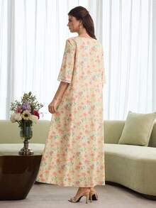 Al Najma Romantic Square Neck Lace Trim Long Sleeve Robe, Fashionable For Spring/Summer - Multicolor - View 7