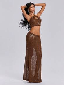 ROMWE 度假风亮片海星图案性感露背系带紧身两件套女装 - 棕色 - 查看 6