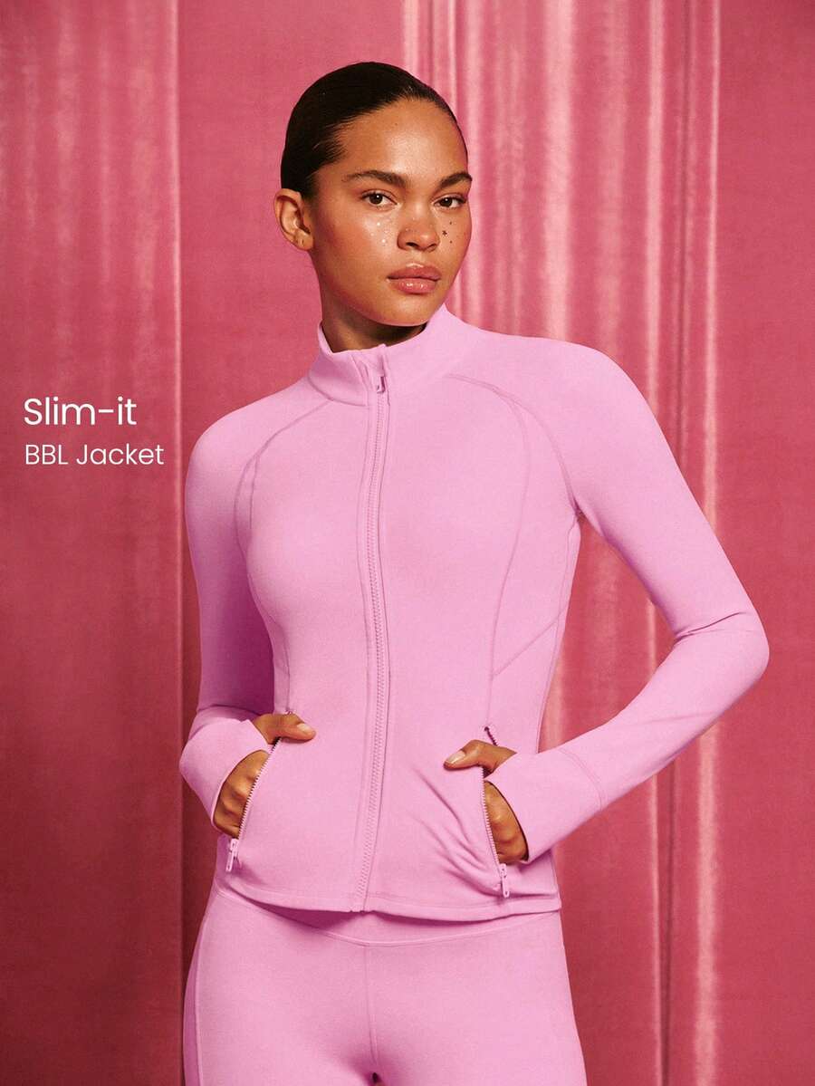 GLOWMODE FeatherFit™ Slim-It Streamline Performance Secure Pockets Zip Up Long Sleeve Jacket Low Impact Yoga Daily Fall - Pink - View 1