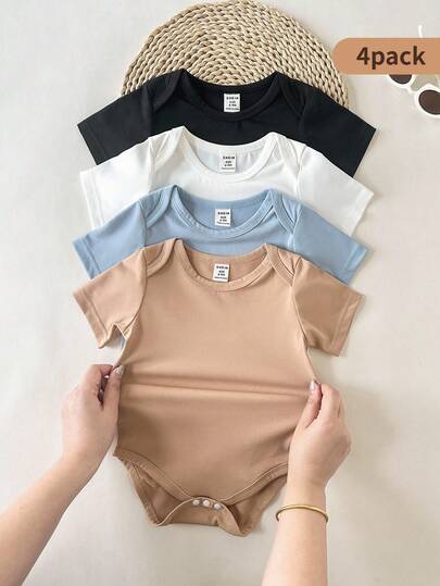 SHEIN 4件套男婴信封领短袖针织弹力柔软连体衣，纯色休闲简约开裆裤，基础款，适合夏季外出或居家穿着