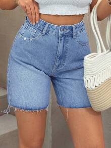 EURMUSE Quần short denim nữ cạp cao, có túi, gấu quần rách, kiểu dáng thường ngày, đa năng. - Màu xanh nhạt - Xem 4