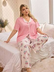 CottageSlumber Plus Size Solid Color Short Sleeve Top&Pink Floral Print Pants Pajama Set,Contrast Decor 2 Piece Sleepwear For Summer,Family Matching Pajama Set - Pink - View 3