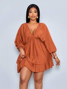 SOLERSUN Vestido casual de vacaciones para mujer de talla grande, unicolor con cuello en V, dobladillo de doble capa, vestido para festival de música, vestido de vacaciones, vestido de uso diario, vestido de Pascua, vestido mini naranja marrón, vacaciones en la playa, festival de música, vacaciones de lujo tranquilo, primavera y verano - Marrón - Ver 4