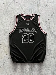 EVRINFINITE 男士時尚 Brooklyn 印花籃球隊 26 號純色拼接圓領無袖休閒籃球球衣，夏季 - 黑色 - 查看 3