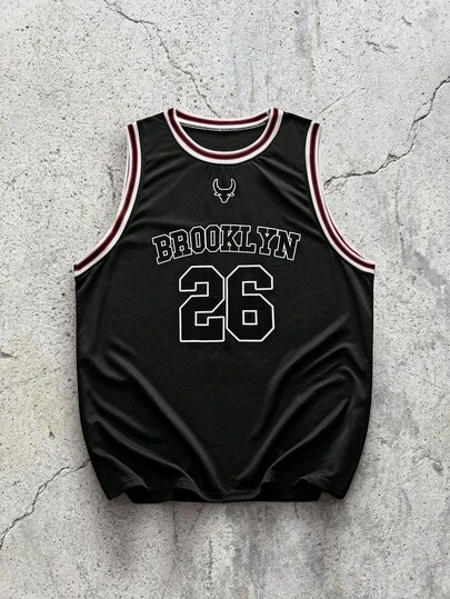 EVRINFINITE Shwiy 男士时尚布鲁克林印花篮球队 26 号纯色拼接圆领无袖休闲篮球服，春夏款