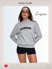 Eassivo Eassivo 女士休闲卫衣，绣有字母图案，高领套头运动衫 - 灰色 - 查看 8