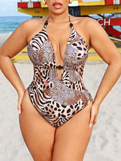 Swim SXY Plus Size Leopard Print Sexy One-Piece Swimsuit For Beach Vacation