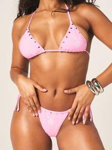 Missguided x Playboy 铆钉三角比基尼套装，吊带上衣搭配系带泳裤，夏季沙滩泳装两件套 - 粉色 - 查看 2