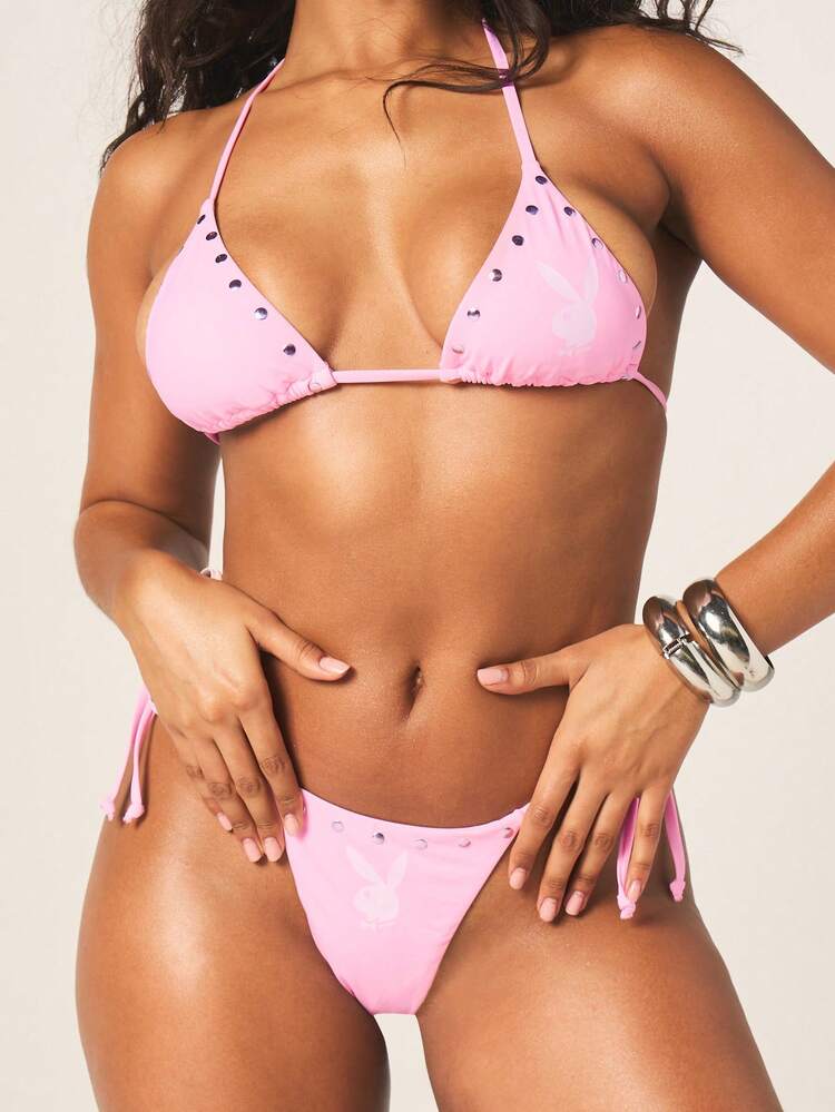 Missguided x Playboy Studded Triangle Bikini Set With Halter Top And Tie Side Bottoms Summer Beach Swimwear Two Piece