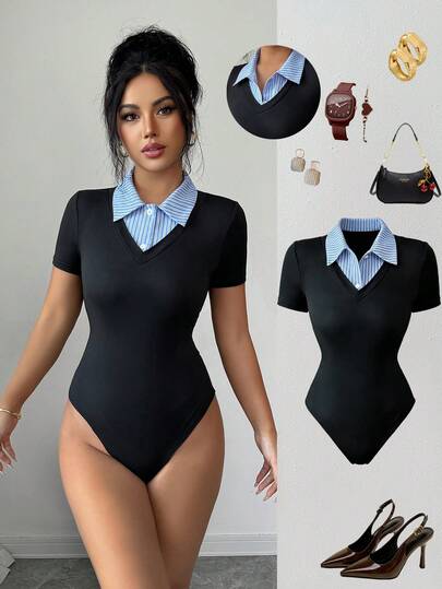 Selianne Women's Regular Shoulder Short Sleeve Casual Patchwork Contrast Color Bodysuit