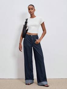 SHEIN x Tata & Beatriz ATUI Studio 女士休闲度假时尚街头日常通勤条纹印花宽松阔腿牛仔裤 - 藍色 - 查看 5