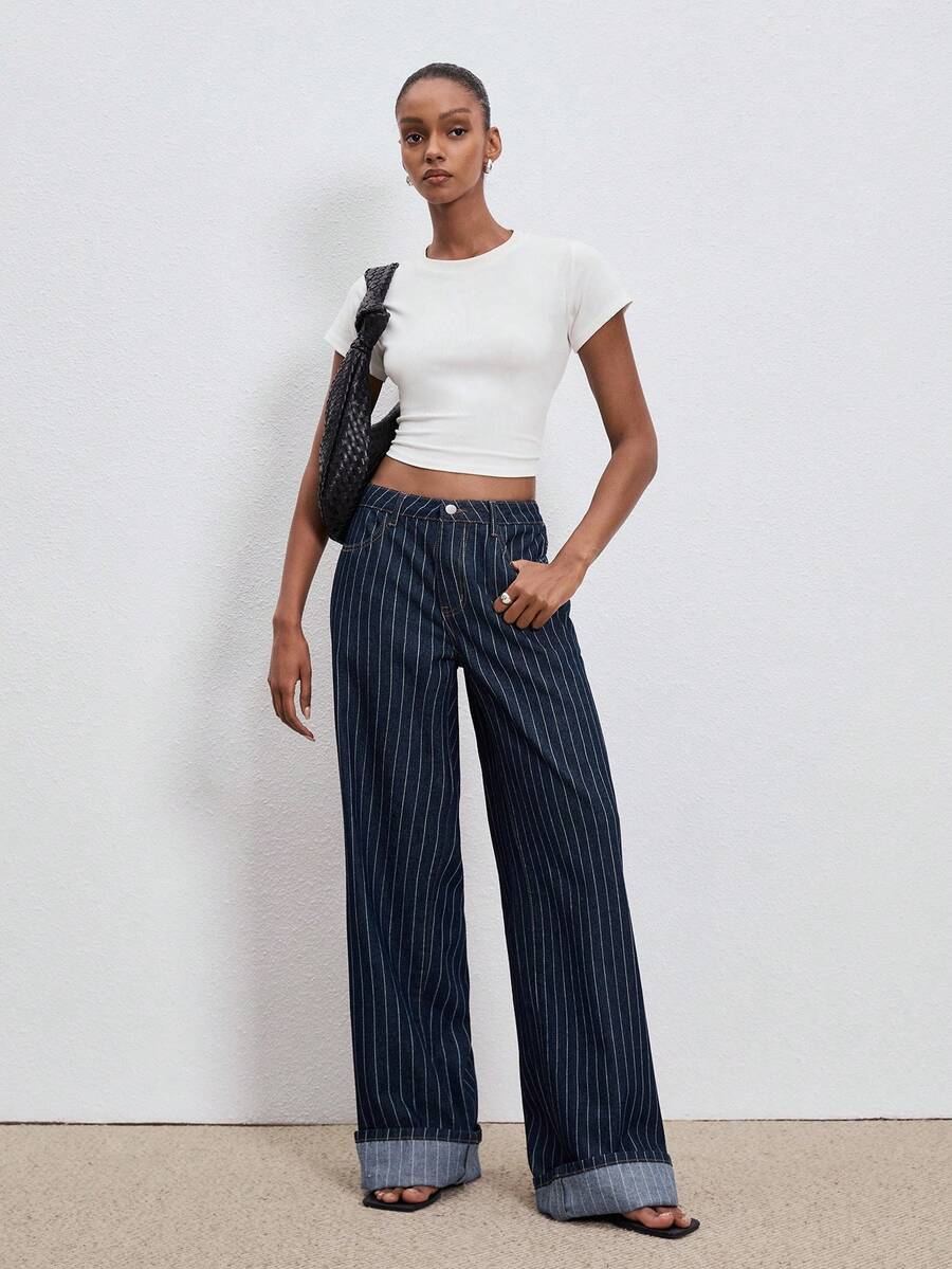 SHEIN x Tata & Beatriz ATUI Studio 女士休闲度假时尚街头日常通勤条纹印花宽松阔腿牛仔裤 - 藍色 - 查看 1